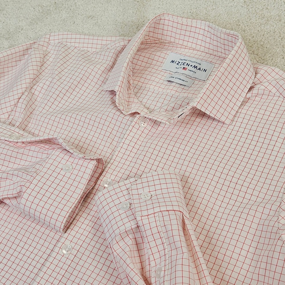 Mizzen+Main Leeward Collection Mens L Standard Fit‎ Red White Check Dress Shirt